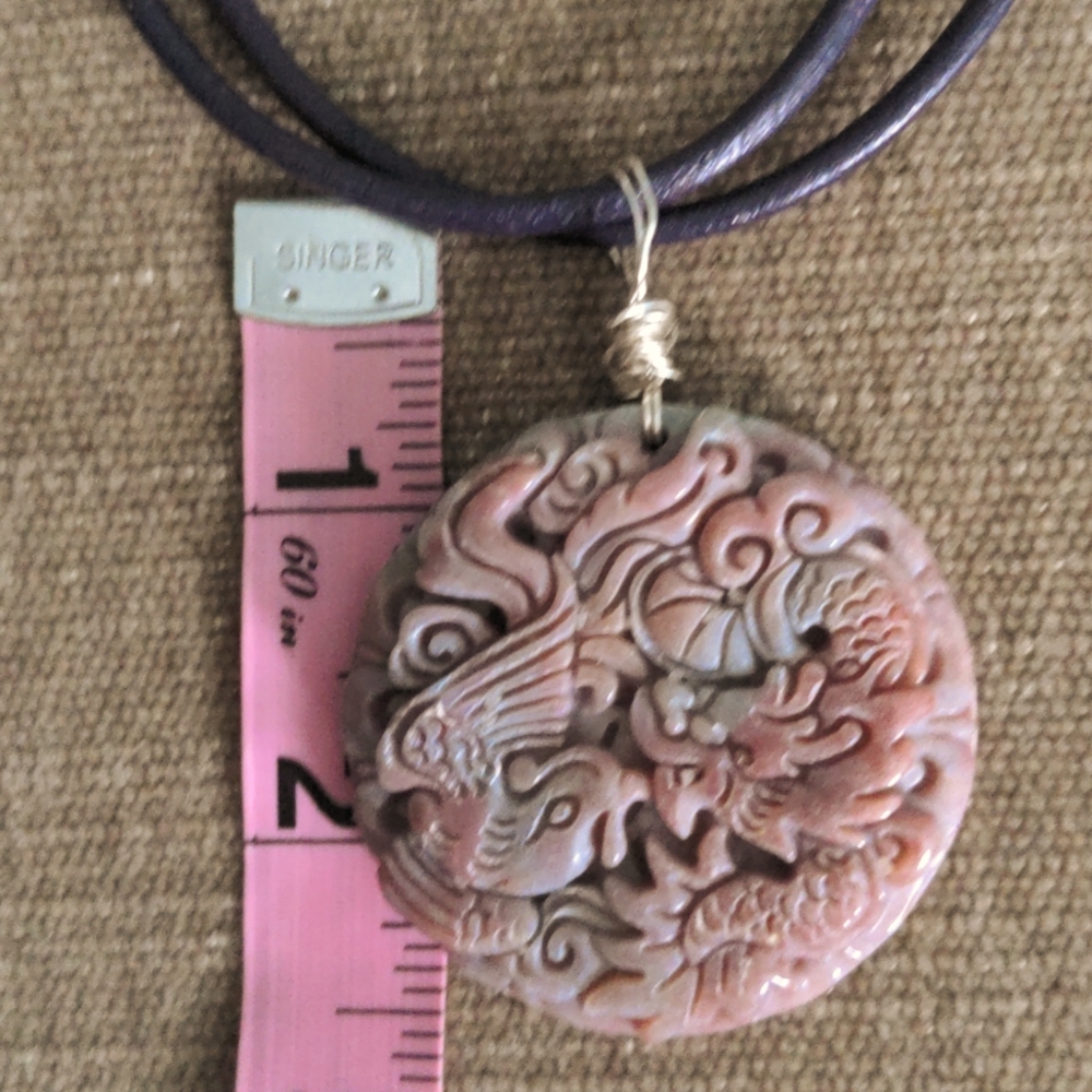 Hand carved Gemstone  Pendant Necklace, New , 30" Double Leather Cord, Silver